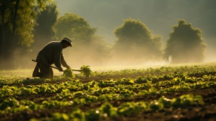 A farmer is squatting tending to his crops in the field early in the morning	
