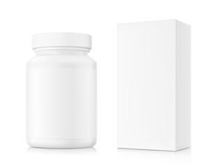 White bottle with box mockup isolated on white background. Can be used for medical, cosmetic, food. Vector illustration. EPS10.	