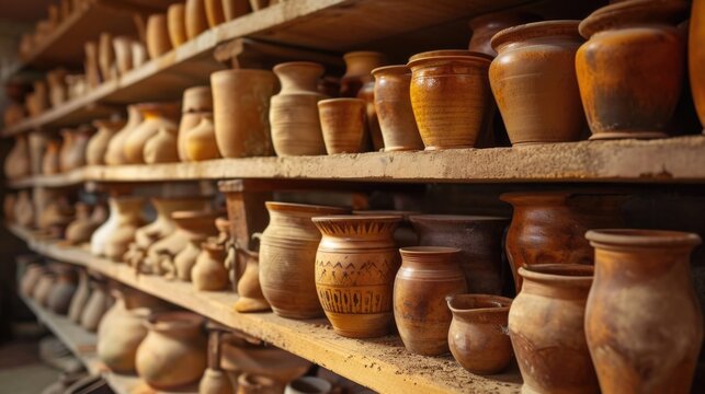 Rows of pottery goods on shelves in a ceramic workshop studio