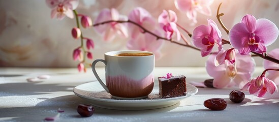 Morning filled with sunlight, a cup of espresso and chocolate-date dessert, with an orchid...