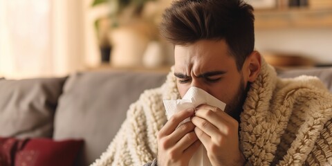 young man suffering from a cold flu - obrazy, fototapety, plakaty