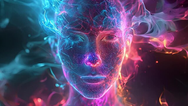 A hologram of a person with vibrant psychedelic colors swirling around them symbolizing their futuristic consciousness.