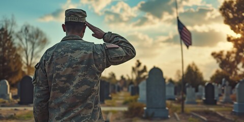American soldier stands and saluting at a memorial