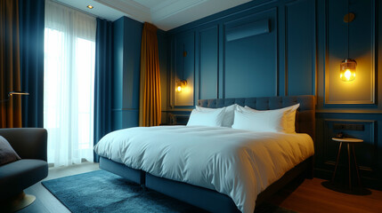 Luxurious Blue Bedroom in Boutique Hotel.
An opulent blue-themed bedroom in a boutique hotel with elegant lighting.
