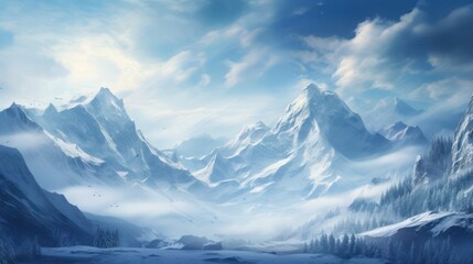 Fototapeta na wymiar Snowy rocky mountain peak wallpaper, hiker adventure, evening light cloudy sky background.