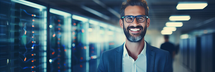 Confident Tech Professional Smiling in Server Room: Corporate IT Expertise