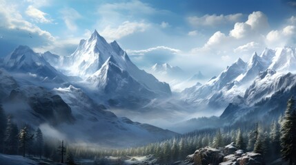 Fototapeta na wymiar Snowy rocky mountain peak wallpaper, hiker adventure, evening light cloudy sky background.