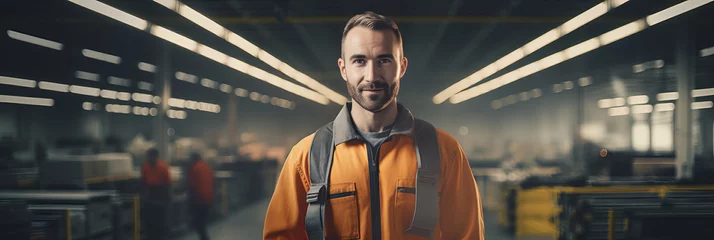 Fotobehang Confident Industrial Worker in High Visibility Clothing at Modern Factory - Professional Portrait with Dynamic Lighting © Алинка Пад
