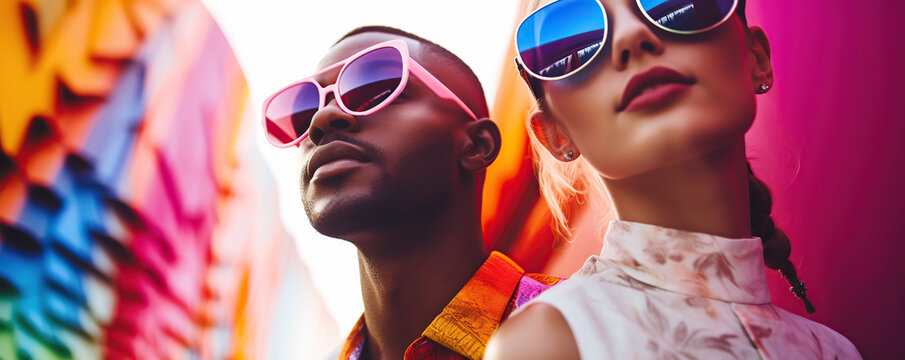 A Man and a Woman Wearing Colorful Sunglasses