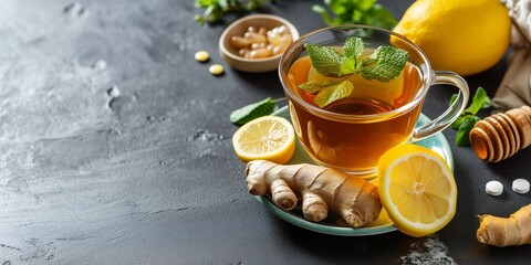 Glass cup of natural tea with Ginger Lemon
