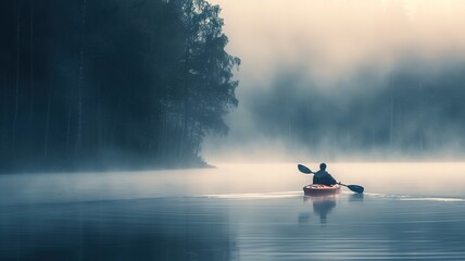 Kayak On Misty Lake in the early morning - obrazy, fototapety, plakaty