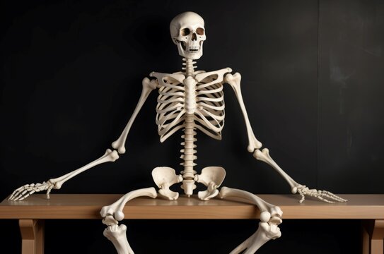 Skeleton of man sitting on bench on black background. Study of human structure, anatomy at medical University. Generate Ai