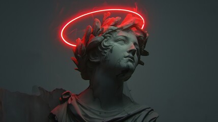 Futuristic illustration of Medusa Gorgon. Ancient Greek statue. Modern cyberpunk digital art
