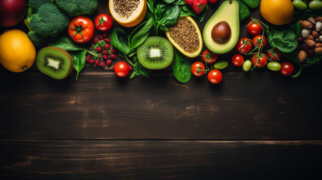 Healthy fruits, vegetables and nuts grains food clean eating selection organic raw food on dark wood background top eyes view, flat lay copyspace