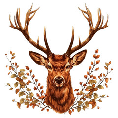 Illustration of deer head with horns isolated on a transparent background