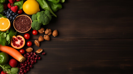 Healthy fruits, vegetables and nuts grains food clean eating selection organic raw food on dark wood background top eyes view, flat lay copyspace