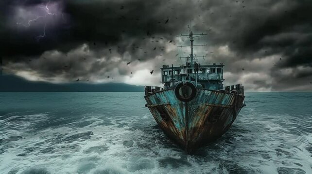 old ship stranded on the beach. seamless looping time-lapse virtual 4k video Animation Background.
