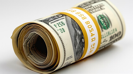  Closeup to roll of dollar bills for sale for cash, generative ai
