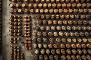 An aerial perspective of a bourbon distillery warehouse, showcasing rows of scotch and whiskey barrels. - obrazy, fototapety, plakaty