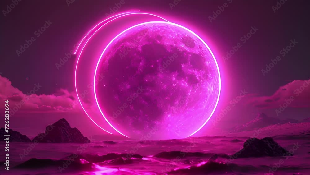 Wall mural A neon pink moon with a glowing neon ring around it.