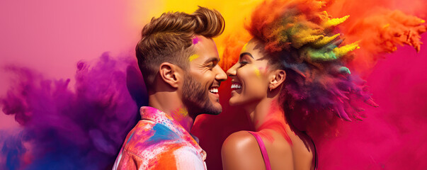 Couple Celebrating at a Colorful Holi Festival With Bright Powders