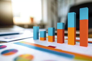 Neatly arranged bar charts and graphs symbolize diverse business metrics on a desk in a serene office environment. Ordered composition with a focus on precision and accuracy