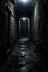 Fototapeta na wymiar Abandoned Dungeon Corridor with Stone Walls. Explore the Dark and Mysterious Hallway with Broken