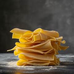 
a cinematic photo  of pappardelle pasta in front of grey backdrop Generative AI