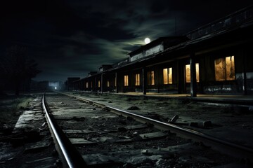 Deserted and Ancient Train Station at Night - Abandoned Railway Station Photo with Editing