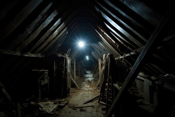 Decaying Creepy Attic: Exploring Abandoned Corridors of Darkness - obrazy, fototapety, plakaty