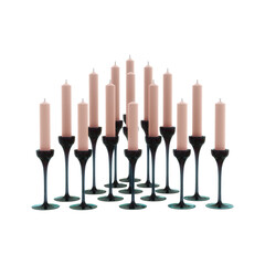 Tall pillar candles on metal holders and tea candles on glass holders, isolated on a white background