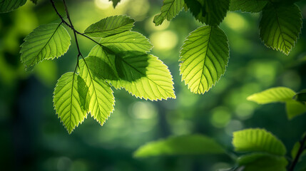 Fototapeta na wymiar Sunlight filtering through vibrant green summer leaves