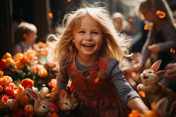 Dziecko cieszące się na wielkanoc, otoczona króliczkami wielkanocnymi i kolorowymi jajkami - obrazy, fototapety, plakaty