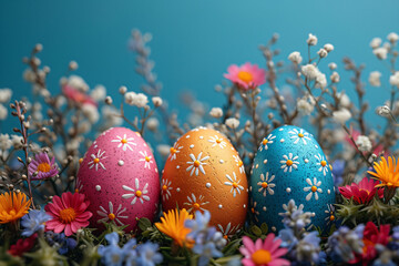 wielkanocne Kolorowe jajka na tle kwiatów - obrazy, fototapety, plakaty