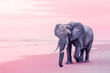 Fototapeta na wymiar A majestic indian elephant gracefully traverses the serene pink sands of an african beach, its magnificent tusk glistening in the warm sunlight against the vivid blue sky, showcasing the beauty and w