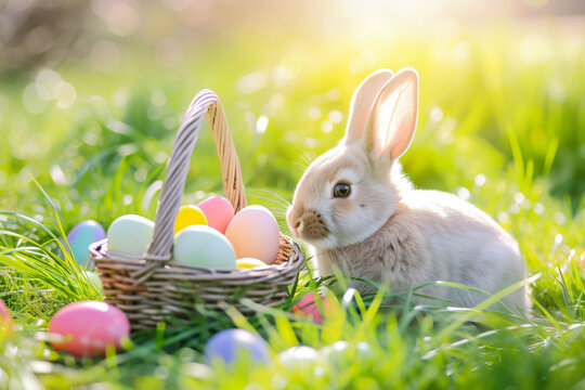 Kr&oacute;liczek wielkanocny z koszyczkiem wypełniony kolorowymi jajkami wielkanocnymi