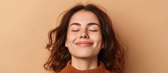 Closeup portrait of a happy woman in a cozy brown sweater with closed eyes, against a beige background, representing dental wellness.
