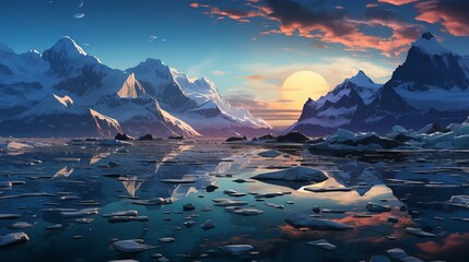 Winter landscape with melting glaciers. Global warming and climate change concept.
