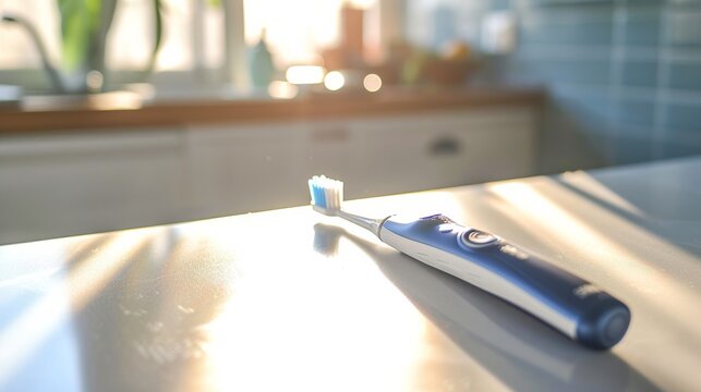 A solitary toothbrush sits atop a clean counter, its blue bristles a reminder of the mundane task of brushing, but also a symbol of self-care and hygiene