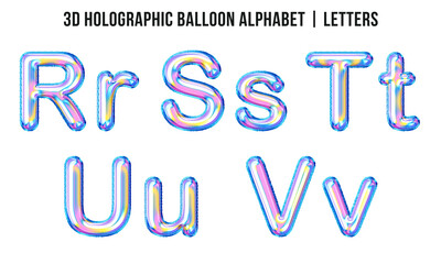 3D Holographic Balloon alphabet letters r s t u v. This is a part of a set which also includes numbers, punctuation marks and symbols