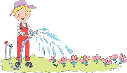 Cute boy watering the plants. Vector illustration.