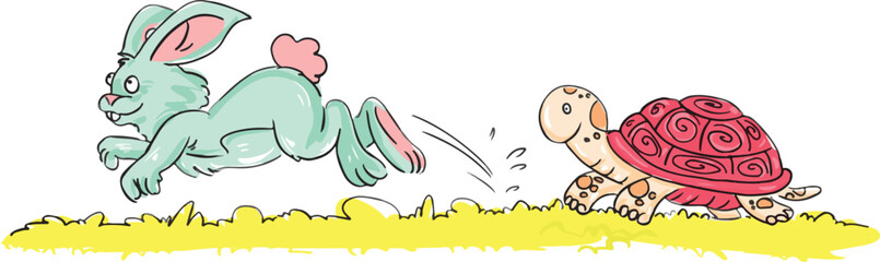 The tale of the tortoise and the hare. Rabbit and turtle. Bunny and tortoise. © ribella