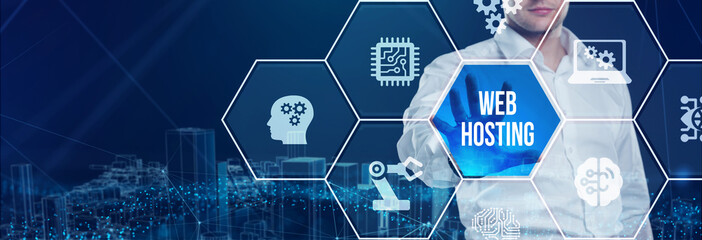 Web Hosting. The activity of providing storage space and access for websites. Business, modern...