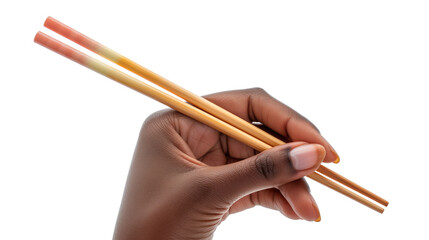 African female left hand holds wooden chopsticks isolated background