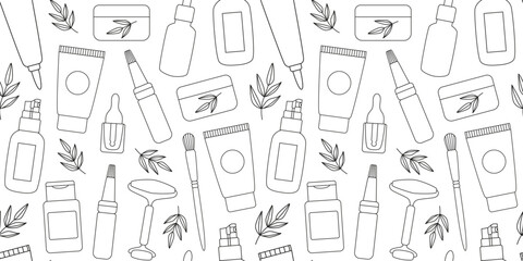 Outline organic cosmetics seamless pattern. Natural facial care. Everyday beauty routine. Linear background, wrapping paper. Line art. - obrazy, fototapety, plakaty