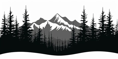 Black silhouette of mountains and fir trees camping adventure wildlife landscape panorama illustration icon  for logo, isolated on white background, Generative AI 