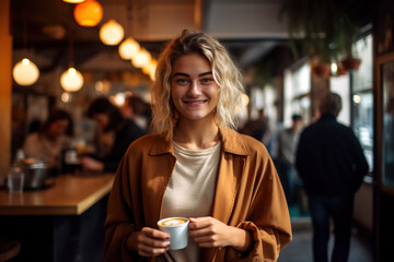 blonde young woman with a coffee cup in her hands in a coffee shop international coffee day, Generative AI