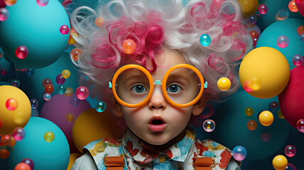funny pop child with glasses and colored balls, Generative AI
