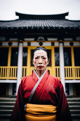 japanese woman dressed in kimono with dramatic make up in front of a temple photography, Generative AI