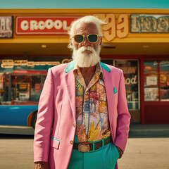 old man with white hair and beard dressed in very colored clothes 70s fashion photography, Generative AI